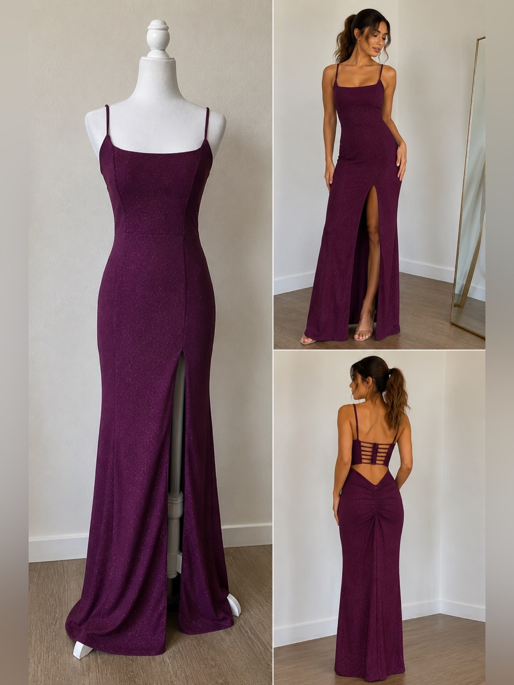 Windsor Plum Purple Glitter Strappy Open Back Flare Jumpsuit Size S